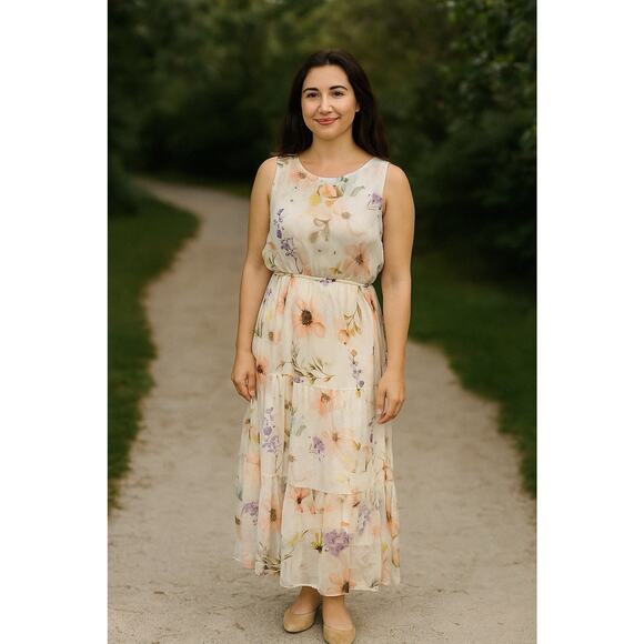 Lara G Dresses & Skirts - Lara G Pastel Floral Maxi Dress taly silk blend Tiered, Coquette,Romantic Sz-M